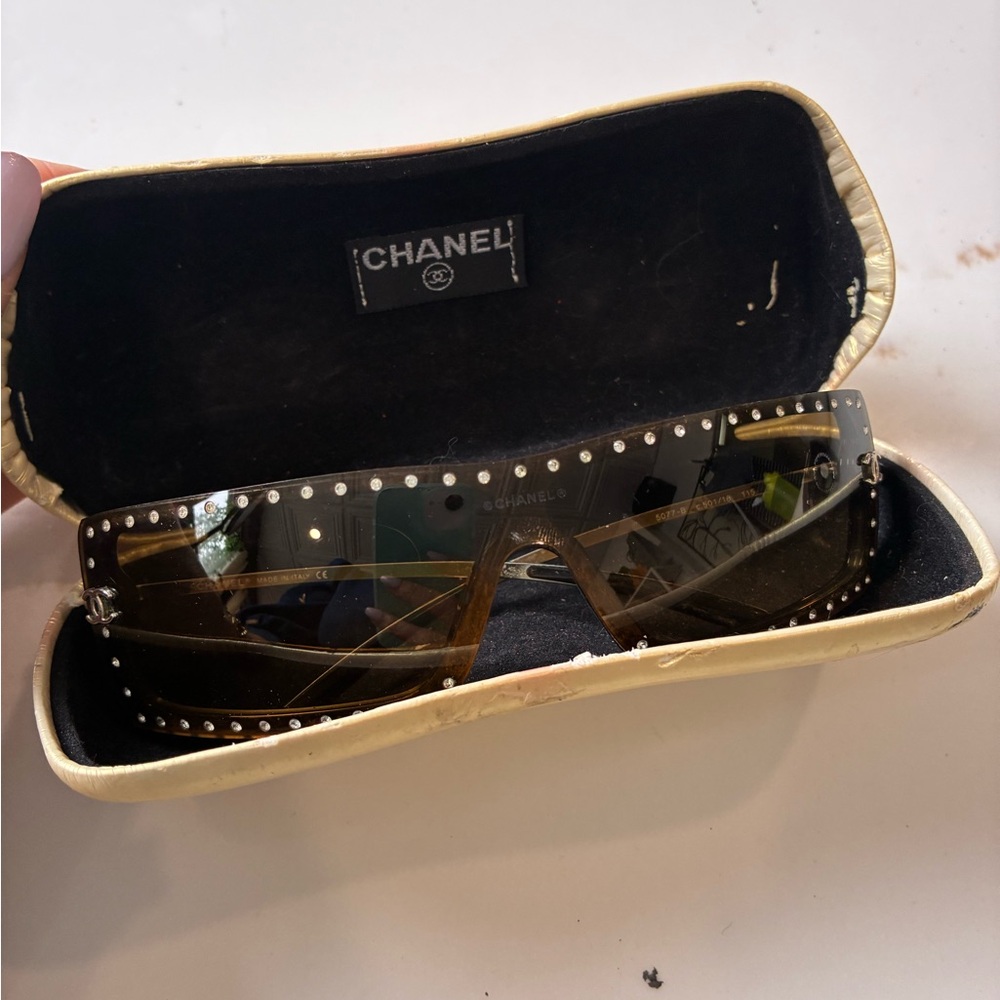 CHANEL Brown Gradient Shield Sunglasses with Crystal Stud Trim